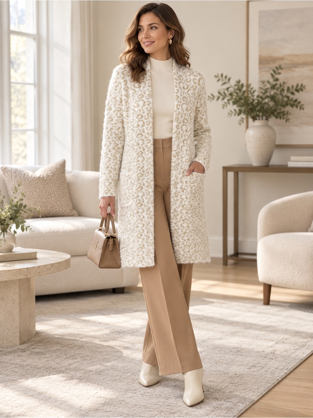 Nine West Cozy Open-Front Long Cream Leopard Cardigan Size M